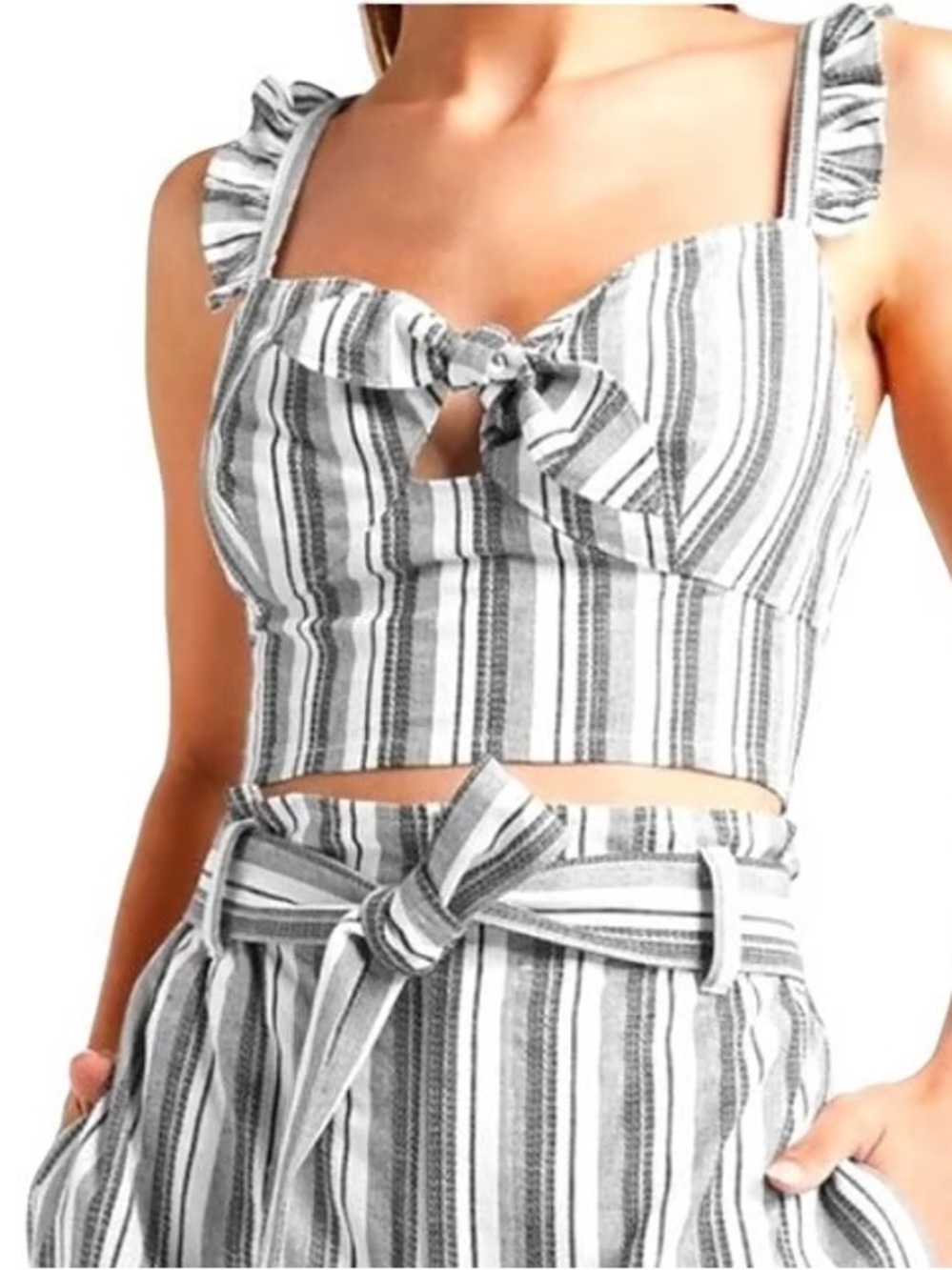 NWOT Express Gray & Black & White Striped Tie-Front Crop Top Smocked Stretch